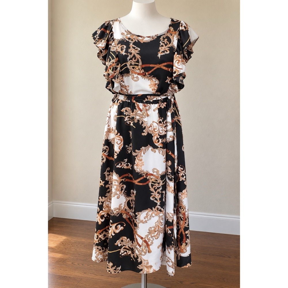 Womens 1X Baroque Chain Print Midi Dress Belted Sleeveless Black Gold Flutter